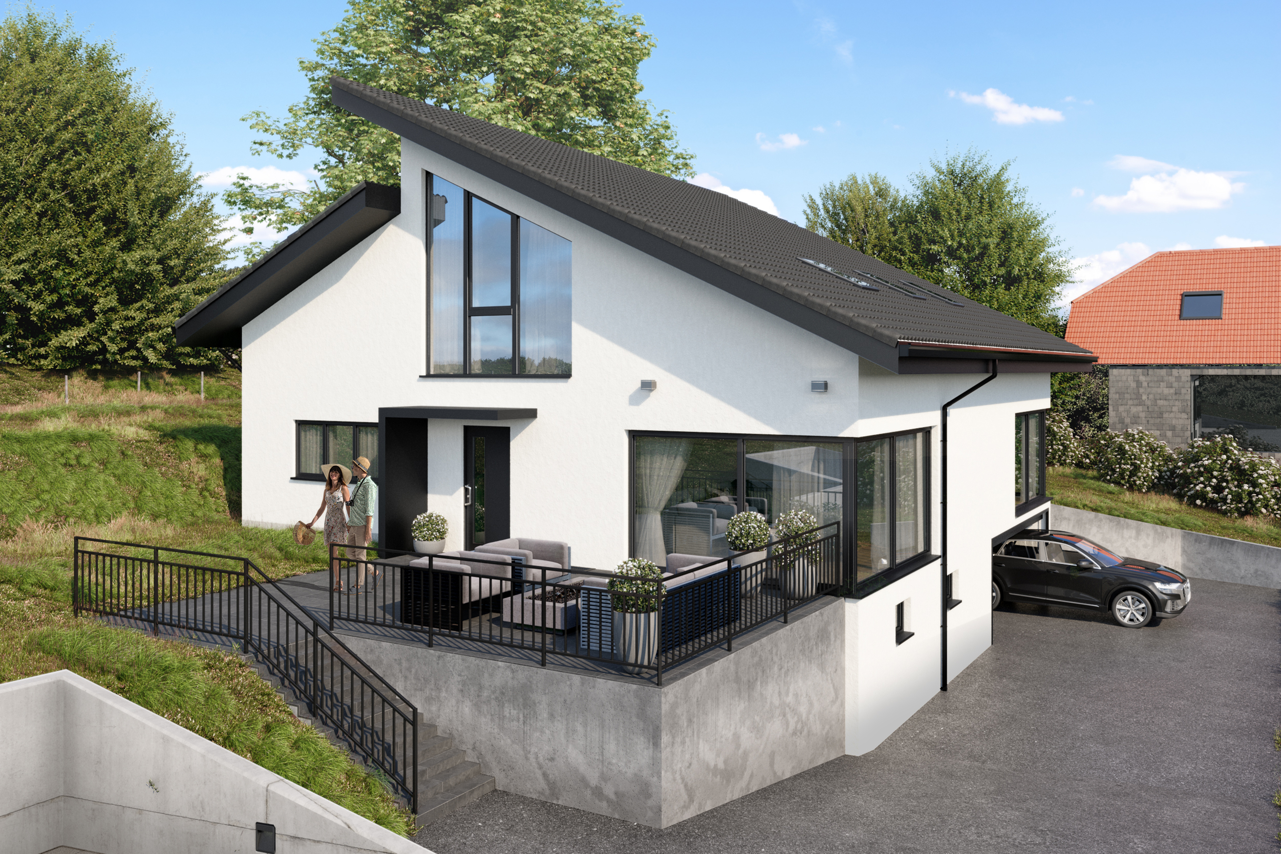 Seitenansicht des Neubau-Einfamilienhauses in Mühledorf.