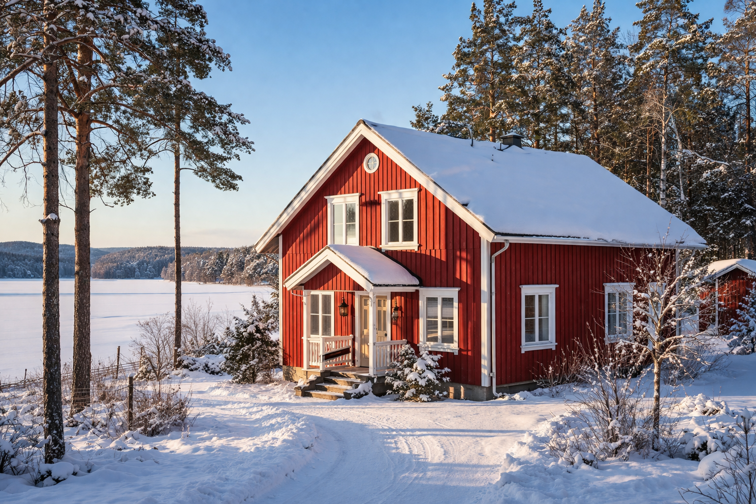 Rotes Schwedenhaus am See in schneebeckter Landschaft bei Sonnenschein und blauem Himmel.