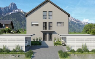 Doppeleinfamilienhäuser in Amsoldingen Frontansicht des Doppeleinfamilienhauses in Amsoldingen.